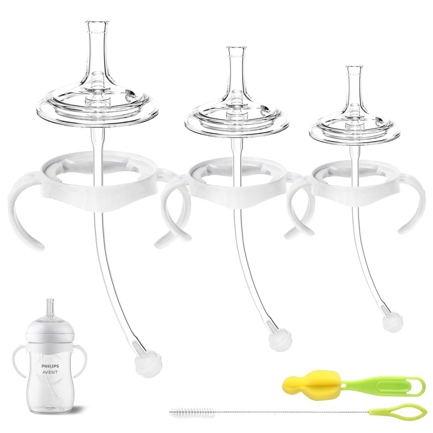 Straw Cup Conversion Kit for Philips Avent Natural Baby Bottles, Sippy Cups Transition Kit with Silicone Straw Top Nipples, Weighted Straw, Bottle Handle, Cleaning Brush for Toddler 6+ Month, 3-Pack