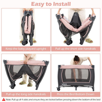 INFANS 4 in 1 Pack and Play, Portable Nursery Center for Baby Kid Infant, Travel Playard with Bassinet, Mattress, Diaper Changer, Bag, Music Box, Storage Basket (Pink)
