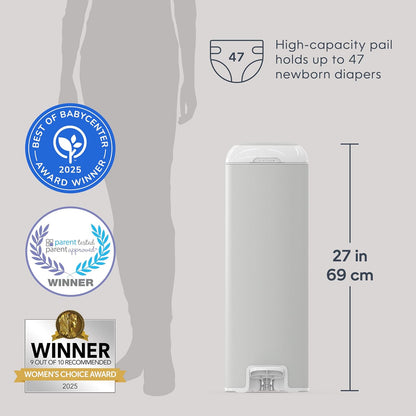 Diaper Genie Platinum Pail (Lily White) is Made in Durable Stainless Steel and Includes 1 Easy Roll Refill with 18 Bags That can Last up to 5 Months.