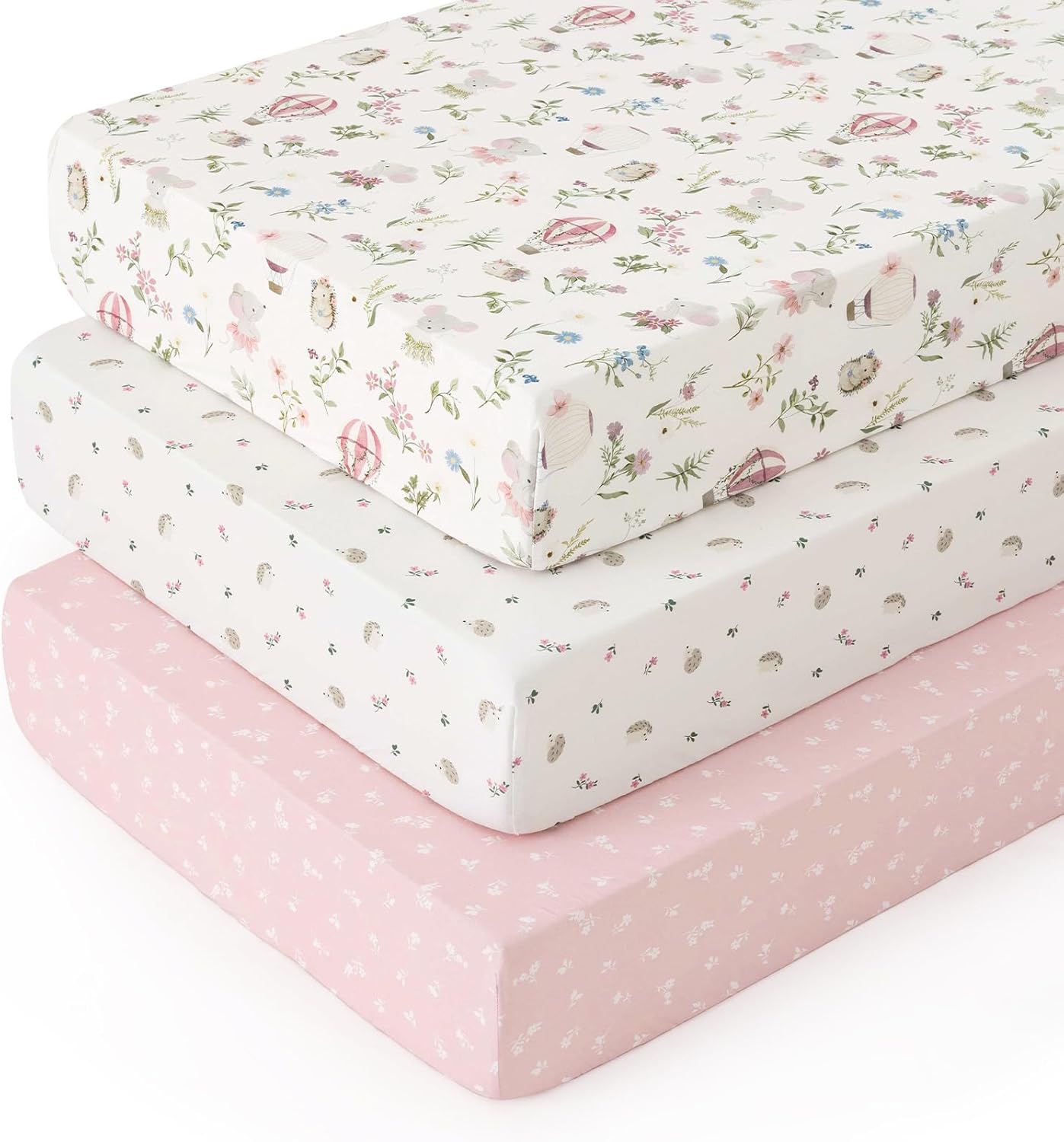 PHF 3 Pack Soft Mini Crib Sheets, Floral & Animal Pack N Play Sheets for Baby Boys Girls, No Slip Universal Fit for Pack N Play, Playard, Portable and Mini Crib Mattresses,Floral & Animal