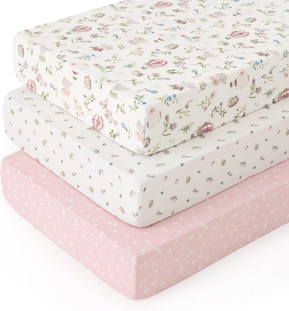 PHF 3 Pack Soft Mini Crib Sheets, Floral & Animal Pack N Play Sheets for Baby Boys Girls, No Slip Universal Fit for Pack N Play, Playard, Portable and Mini Crib Mattresses,Floral & Animal