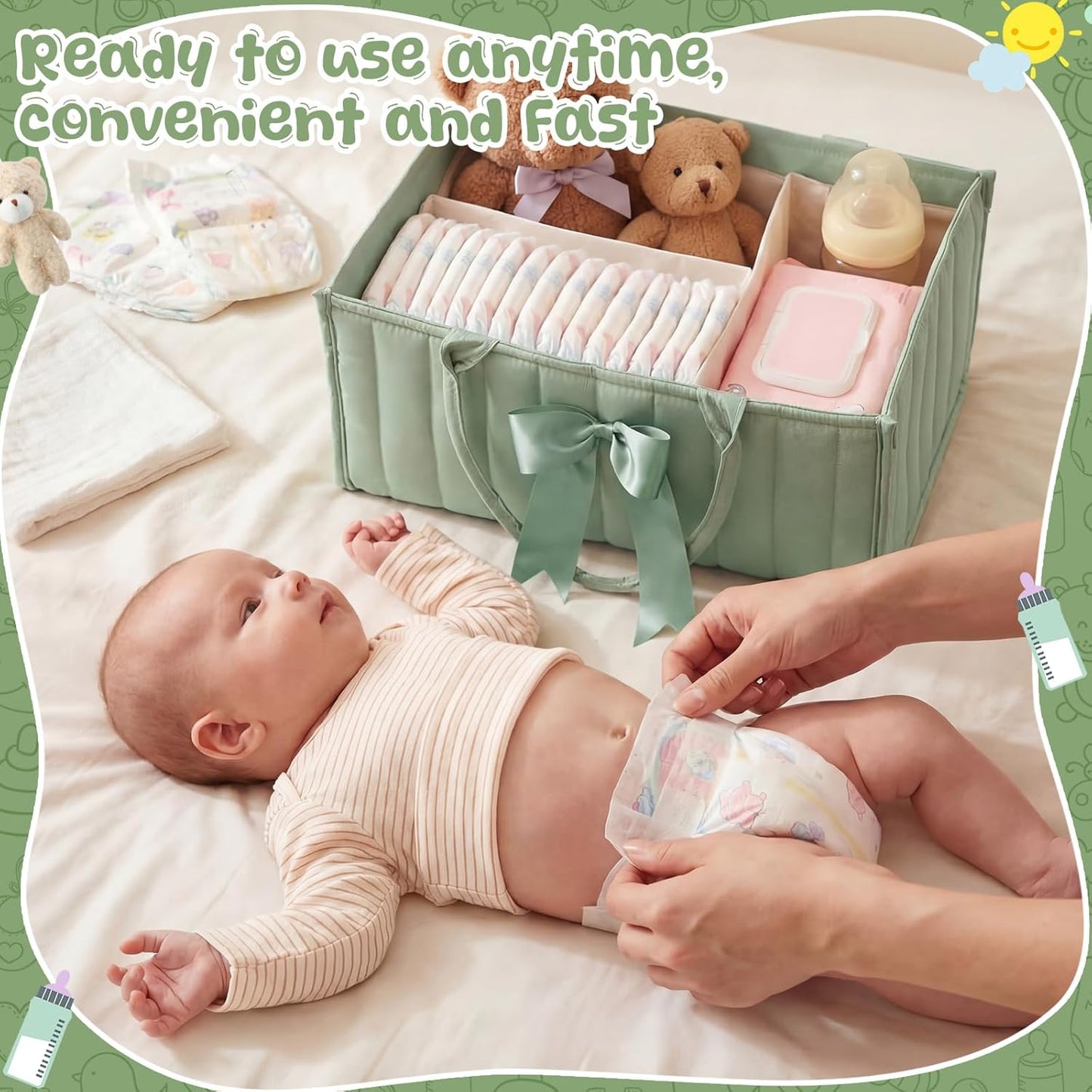 LemonRoad Baby Diaper Caddy Organizer Stylish Newborn Essentials Tote Bags with Bear Plush, Daisy Keychain, Greeting Card - Ideal Baby Shower Gift & Registry Must-Have (Sage Green)