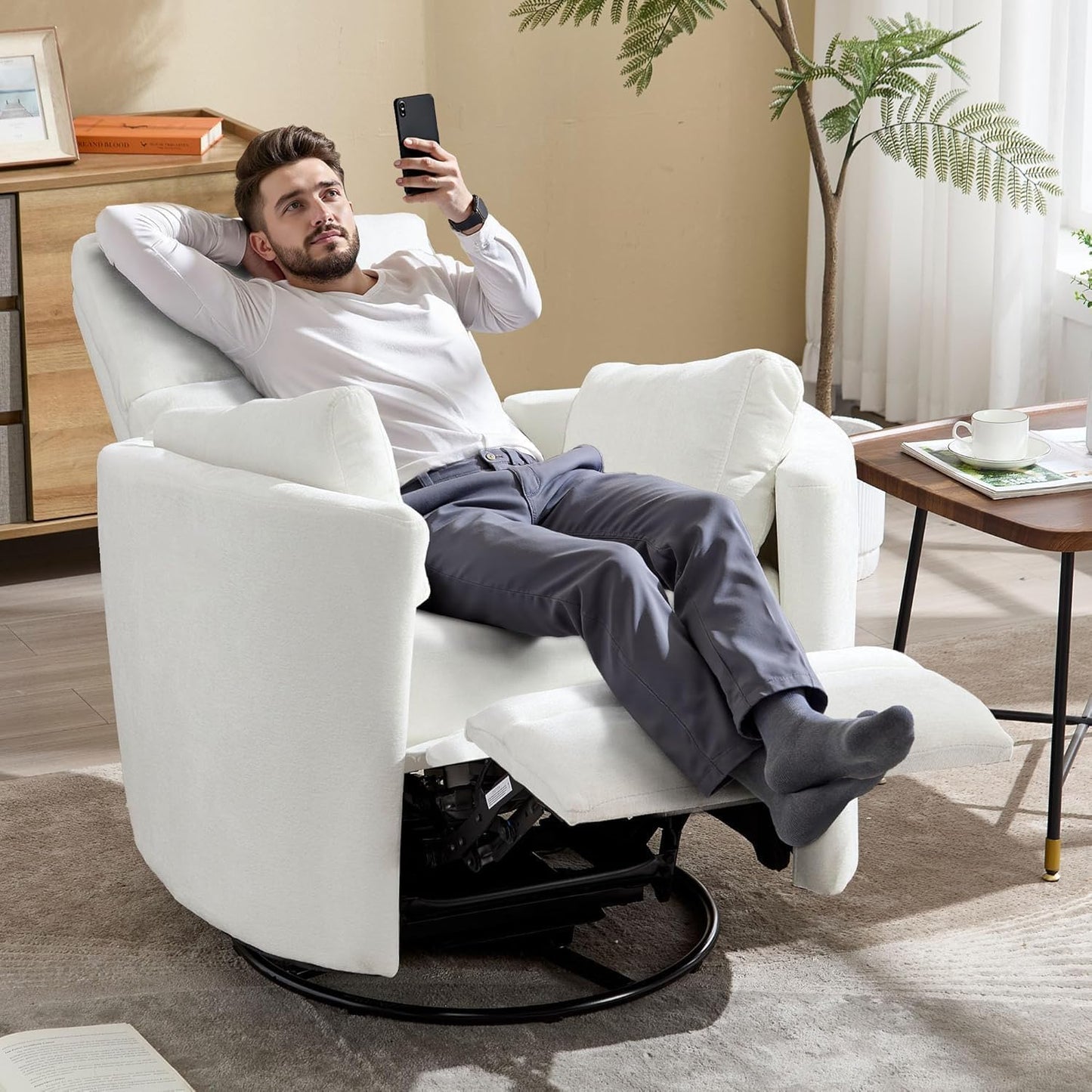 Power Recliner,Nursery Swivel Glider Rocking Chair with USB Port,Upholstered Adult Electric Recliner Rocking Chair with 2 Pillows for Living Room Bedroom (Beige Corduroy, Power-Driven)