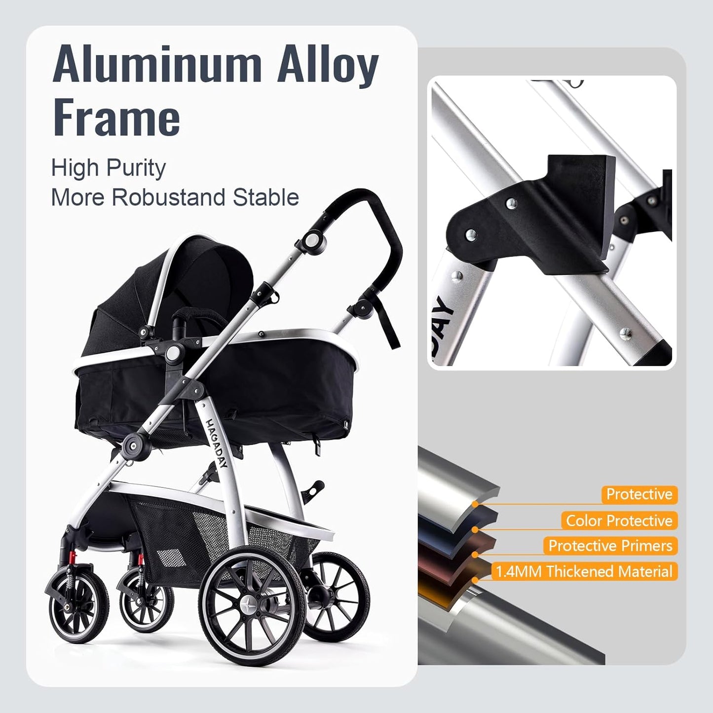 Baby Stroller, 2-in-1 Reversible Toddler Seat with Lie-Flat Mode, Foldable Infant Stroller with Canopy, One Button Brake, Adjustable Handle, Newborn Pushchair (Black B)