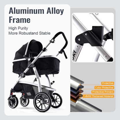 Baby Stroller, 2-in-1 Reversible Toddler Seat with Lie-Flat Mode, Foldable Infant Stroller with Canopy, One Button Brake, Adjustable Handle, Newborn Pushchair (Black B)