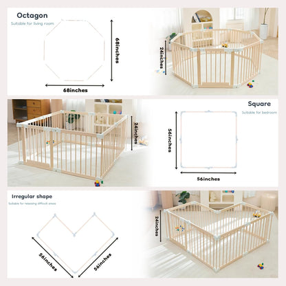 Baby Playpen, Foldable Wooden Play Yard with Gate, Playpen for Babies and Toddlers, Adjustable Baby Activity Center with Child Proof Lock, Fence Play Area for Toddlers 6 to 36 months(56*83*24inch)