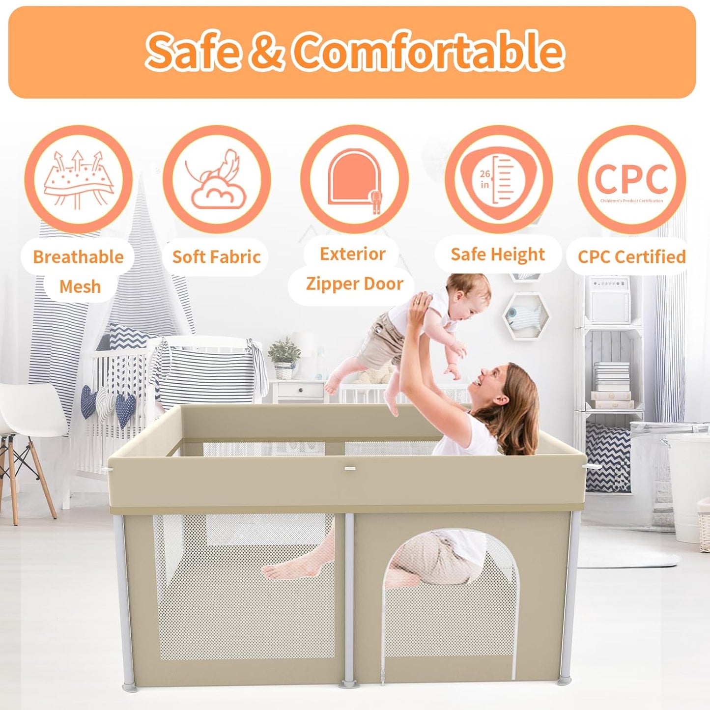 Foldable Large Baby Playpen 71"×71", Portable Playard for Babies & Toddlers, Lightweight Safety Baby Fence, No Installation, Indoor & Outdoor Playpen with 150 Ocean Balls, Beige