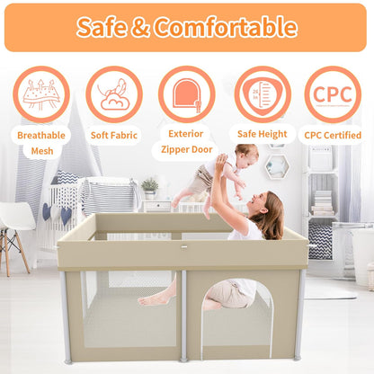 Foldable Large Baby Playpen 71"×71", Portable Playard for Babies & Toddlers, Lightweight Safety Baby Fence, No Installation, Indoor & Outdoor Playpen with 150 Ocean Balls, Beige