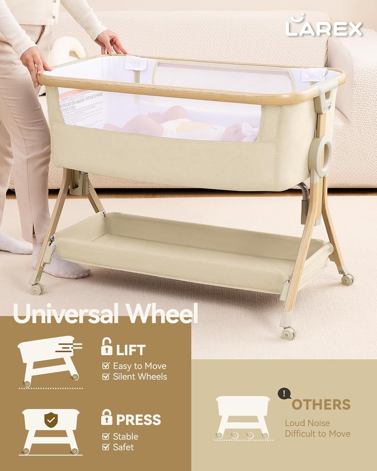 Larex Baby Bassinet Bedside Sleeper Crib Co Sleeper for Newborn Infant Toddler with Mosquito Net, Storage Bag & Basket, 5-Height Adjustable, Movable Wheels, Breathable Mattress & Mesh (Dark Gray)