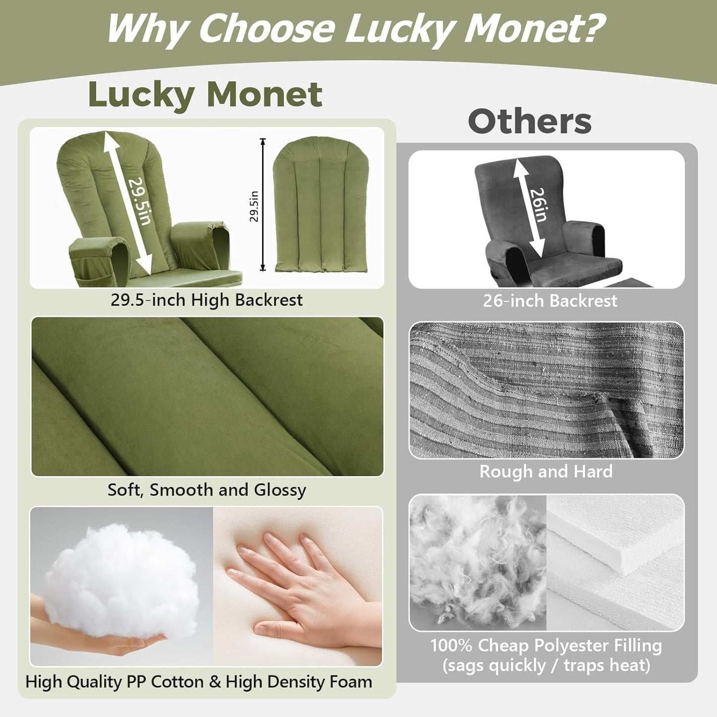 5PCS Suede Glider Rocker Replacement Cushions with 29.5" High Backrest & Side Pockets, Thickened Soft Glider Rocking Chair Cushions with Ottoman Cushion for Indoor Nursery Rocking Chair, Green