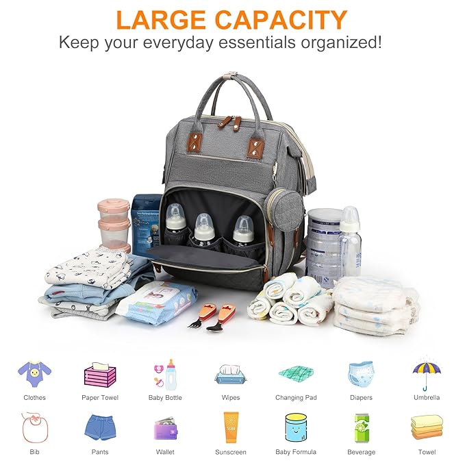 Awanhe Diaper Bag, Backpack with Changing Station, Waterproof Baby Bag for Boys & Girls, USB Charging Port for Parents, Travel Backpack Baby Essentials & Lovely Baby Shower Gifts, Grey
