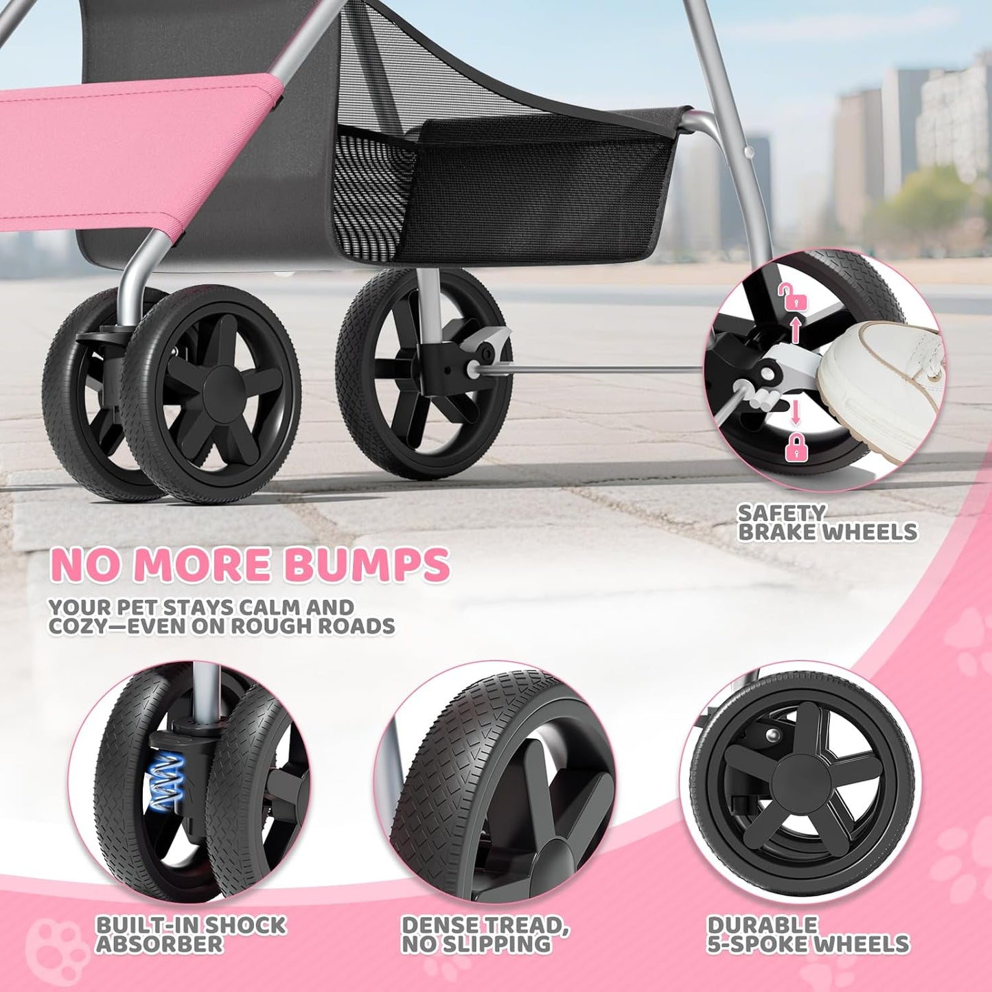 Magshion Compact Pet Stroller for Small-Medium Dogs/Cats up to 22lbs, 4-Wheel Lightweight Umbrella Shaped Portable Puppy Travel Jogger with Breathable Mesh, Cup Holder & Rear Storage, Black