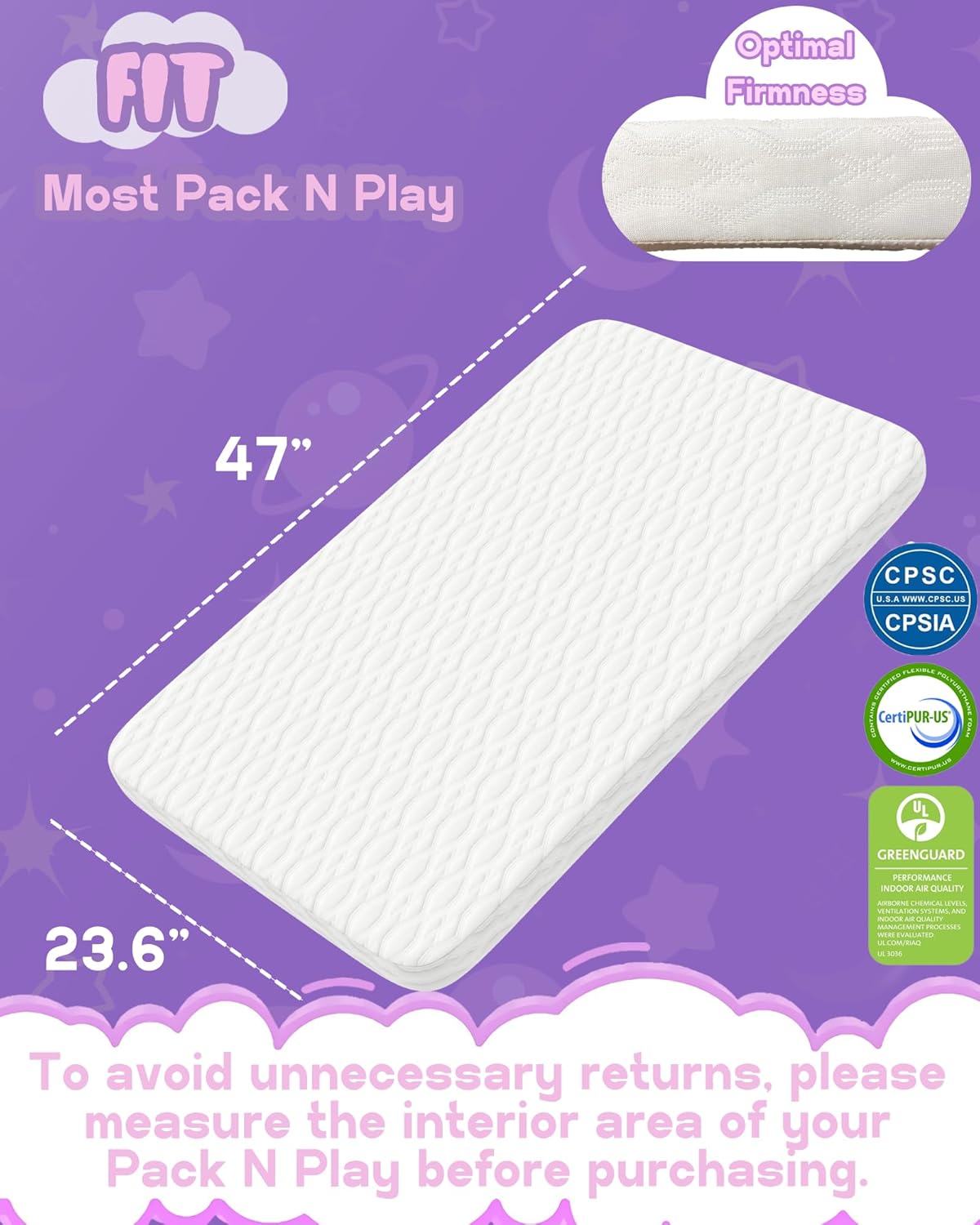 WELLZEE Pack N Play Mattress 36.5"x25", Fit for Dream On Me Nest/Zodiak/Zoom Portable, Pamo Babe Deluxe and Baby Trend Playard, Breathable & Washable Cover, Ultra-Suppotive Foam