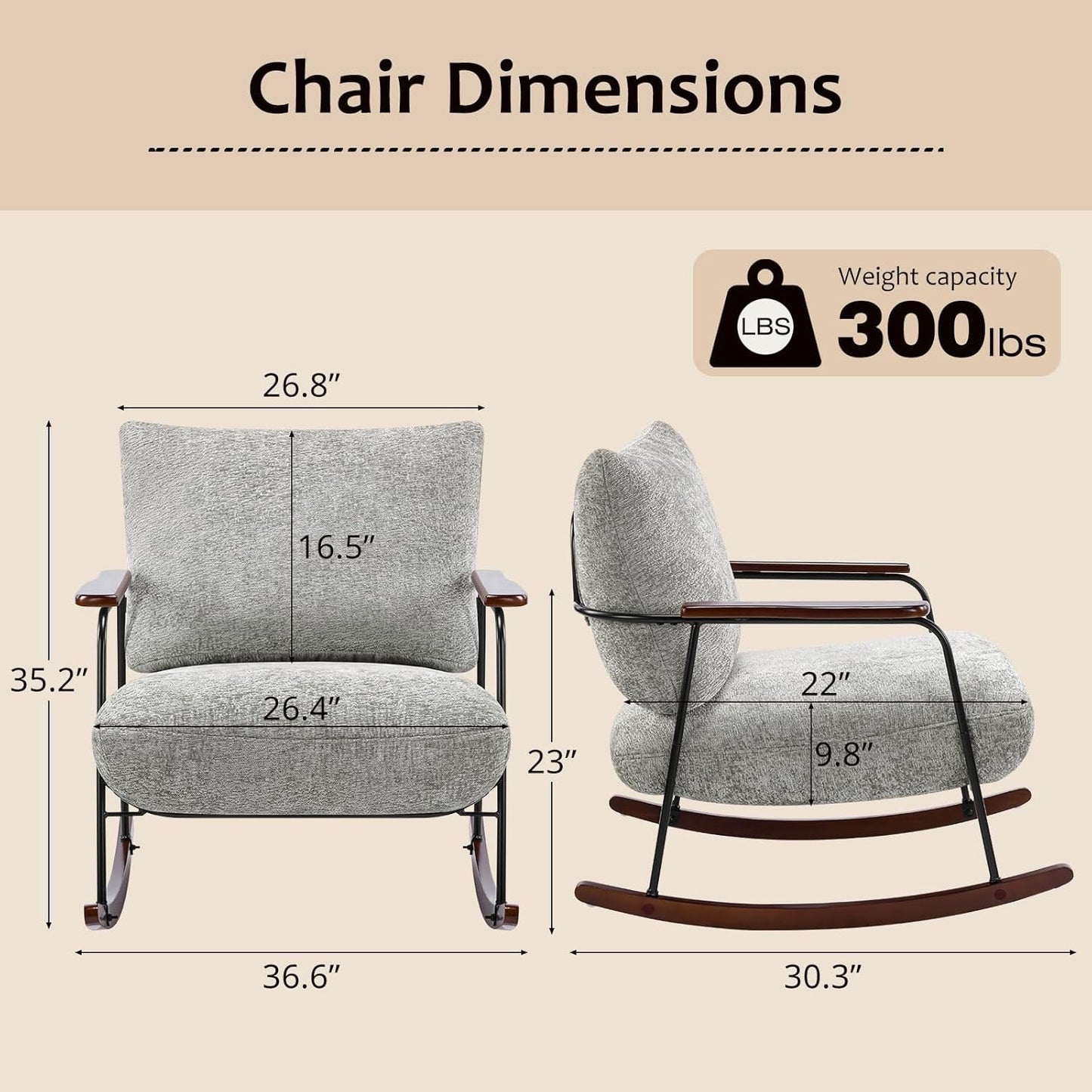Rocking Chair Nursery Upholstered Glider Chair with Armrests Wood Legs for Relaxing, Comfortable Lounge Armchair Chenille Fabric for Living Room Bedroom, Gray