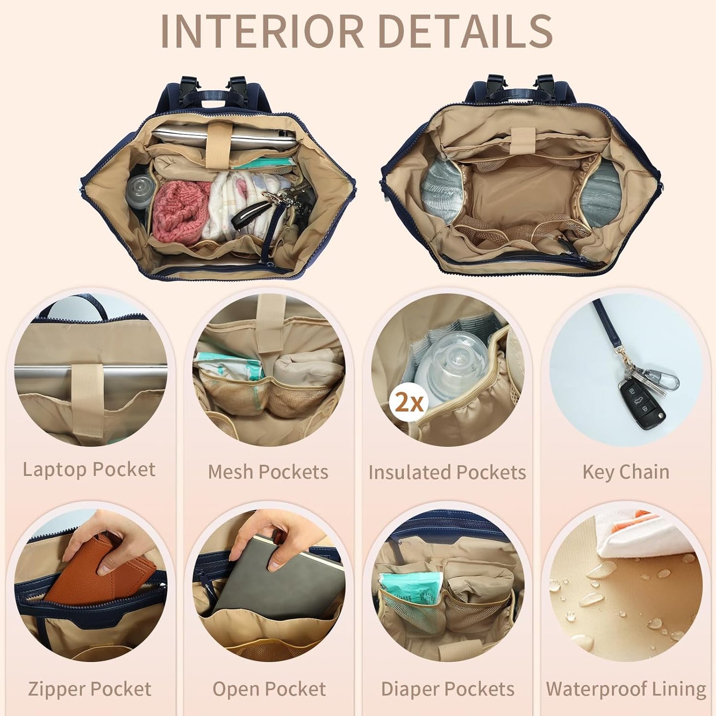 Omanmoli Diaper Bag Backpack,Large Neoprene Baby Bag for Boys Girls with 15 Diaper Bag Organizer,2 Insulated Pockets,Changing Pad,Stroller Straps,Gray