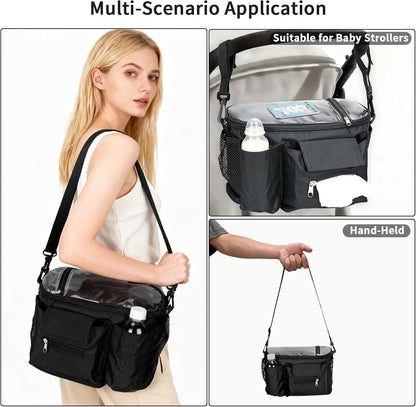 Stroller Organizer with Insulated Cup Holders - Universal Stroller Caddy Bag Fits for Uppababy, Baby Jogger, Nuna - Detachable Shoulder Strap & Large Storage for Diapers, Wipes (Black)
