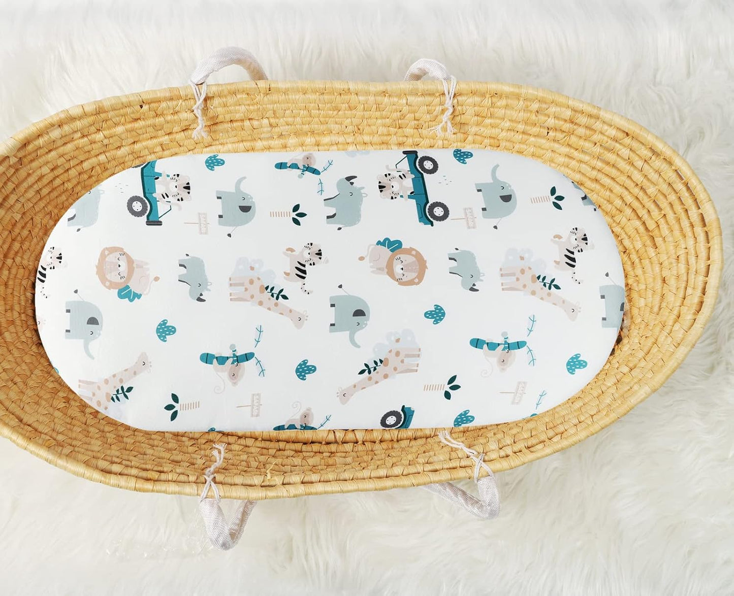 Bassinet Sheet Set 2 Pack Snug Fitted Bedside Sleeper Bassinet Sheets, Stretchy Ultra Soft, Unisex Boy Girl, Light Blue & Dinosaur