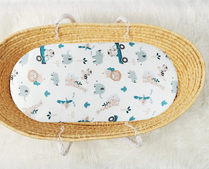 Bassinet Sheet Set 2 Pack Snug Fitted Bedside Sleeper Bassinet Sheets, Stretchy Ultra Soft, Unisex Boy Girl, Light Blue & Dinosaur