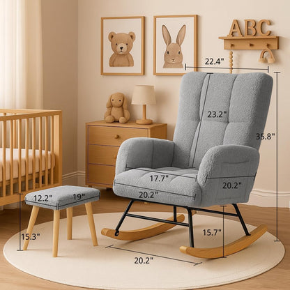 COMHOMA Nursery Rocking Chair with Ottoman,Teddy Glider Rocking Chair,Accent Chair with High Backrest Reading Chair for Adult,Nursery,Bedroom,Living Room,Offices(Beige with Ottoman)