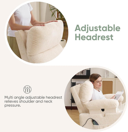 Rocking Chair Nursery with Adjustable Armrest for Breastfeeding, Glider Recliner Nursery Chair with Massage and Heat, Power Swivel Rocker Recliner with Adjustable Headrest, Corduroy, Beige