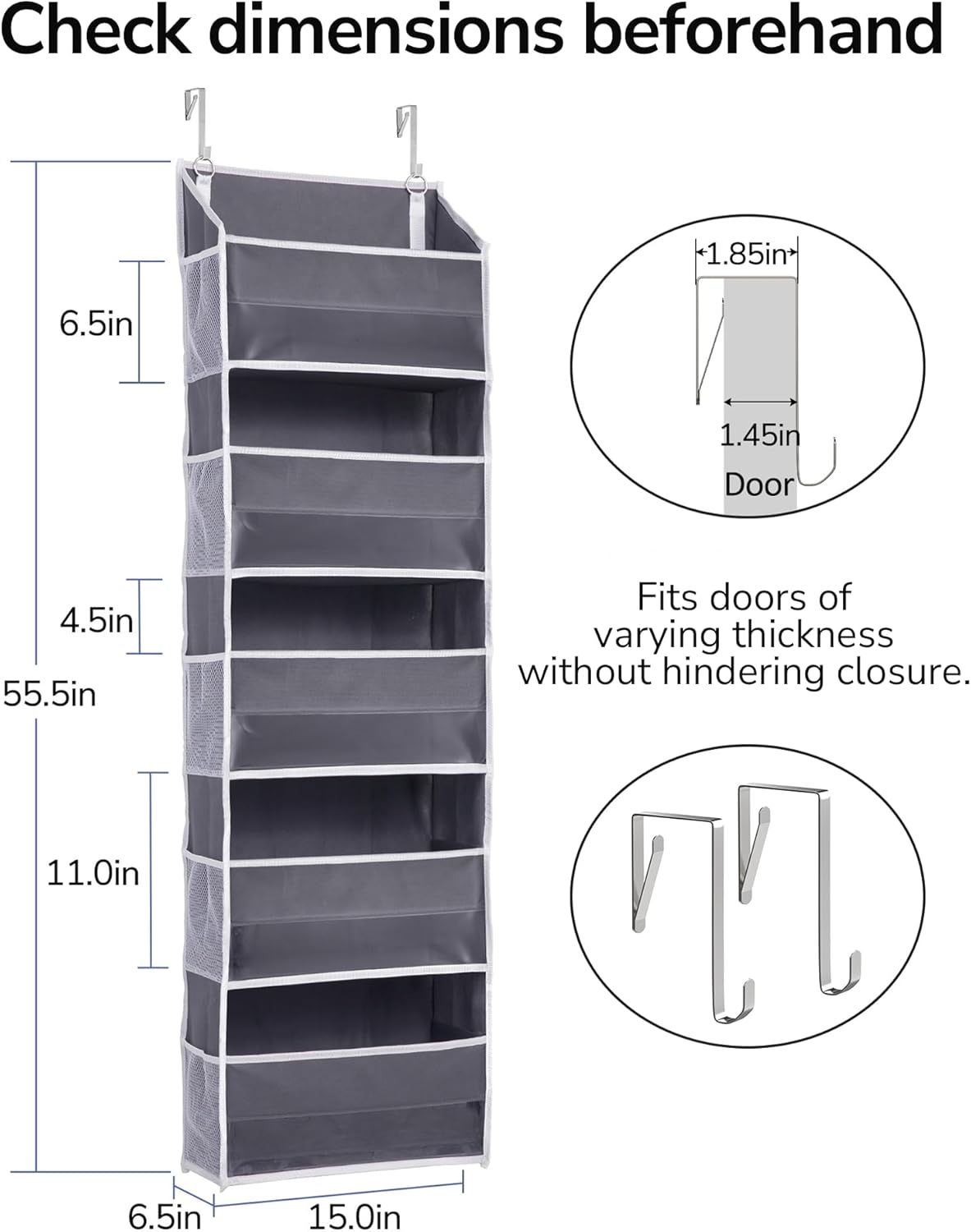 ULG 1 Pack Over Door Organizer with 5 Large and 10 Mesh Side Pockets, 44 lbs Weight Capacity Hanging Storage with Clear Window Kids Toys, Shoes, Diapers, Dark Grey, 5 Layers