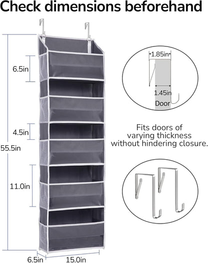 ULG 1 Pack Over Door Organizer with 5 Large and 10 Mesh Side Pockets, 44 lbs Weight Capacity Hanging Storage with Clear Window Kids Toys, Shoes, Diapers, Dark Grey, 5 Layers