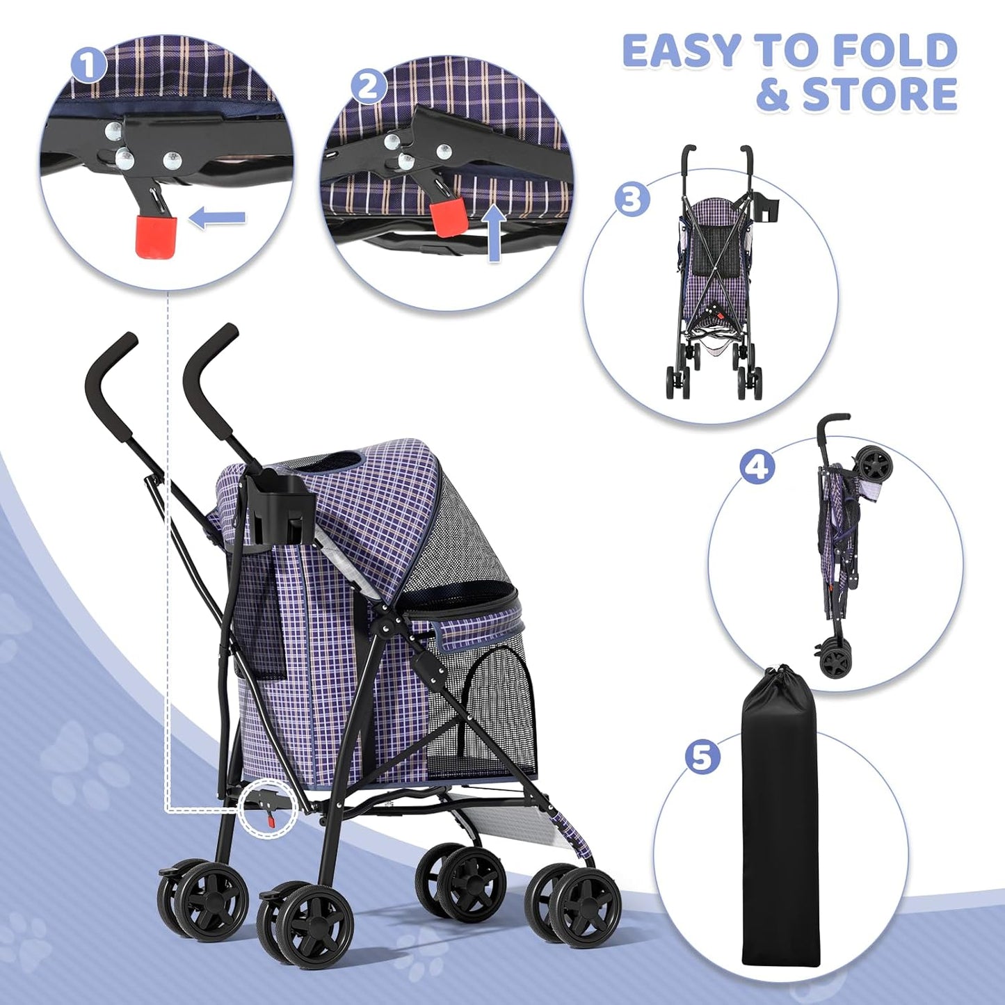 Magshion Compact Pet Stroller for Small-Medium Dogs/Cats up to 22lbs, 4-Wheel Lightweight Umbrella Shaped Portable Puppy Travel Jogger with Breathable Mesh, Cup Holder & Rear Storage, Black