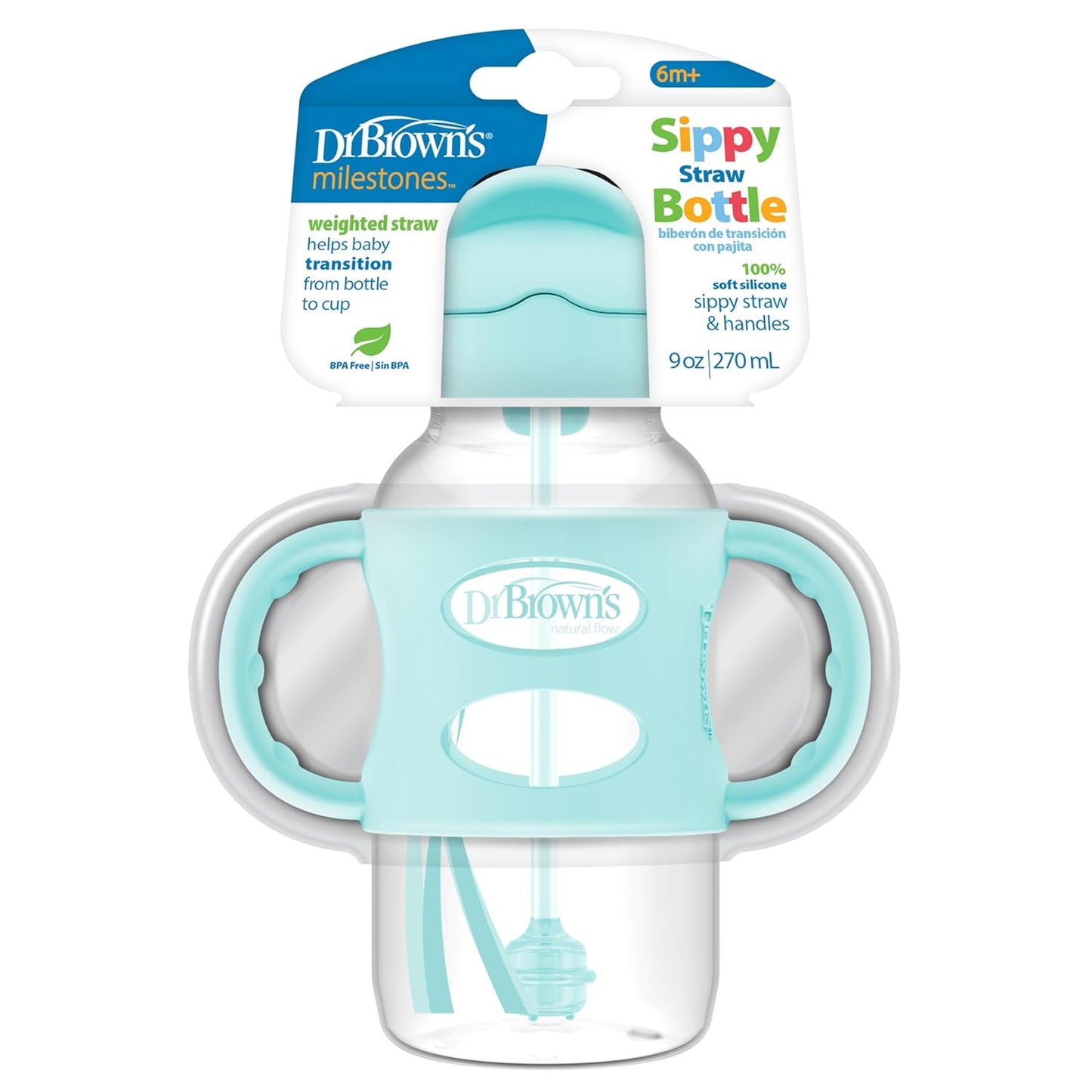 Dr. Brown's Milestones Wide-Neck Sippy Straw Bottle, Spill-Proof with 100% Silicone Handles and Weighted Straw, 9 oz/270 mL, Gray & Pink, 6m+, 2-Pack