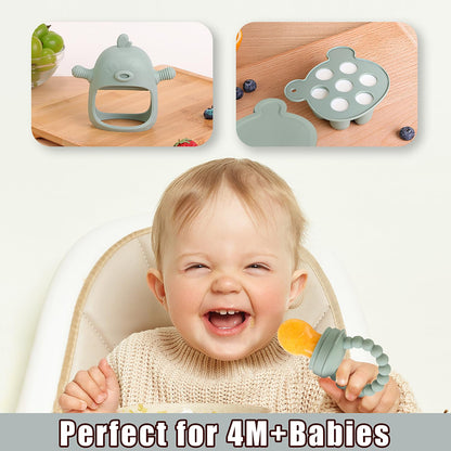 3-in-1 Baby Food & Fruit Feeder Set – Breastmilk Popsicle Mold with Freezer Tray, Teething Relief Toy, BPA Free Infant Silicone Feeding Combo, 3 Bonus Sizes (S/M/L) Sacs (Olive Green)