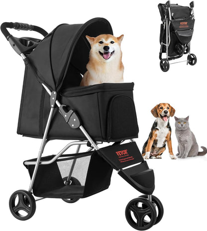 VEVOR Pet Stroller, 44 lbs Weight Capacity, Foldable Dog Cart, 4 Wheels Cats Stroller with Mesh Windows & Revrsible Handle, Portable Pet Carrier with Brake, for Small to Medium Pets