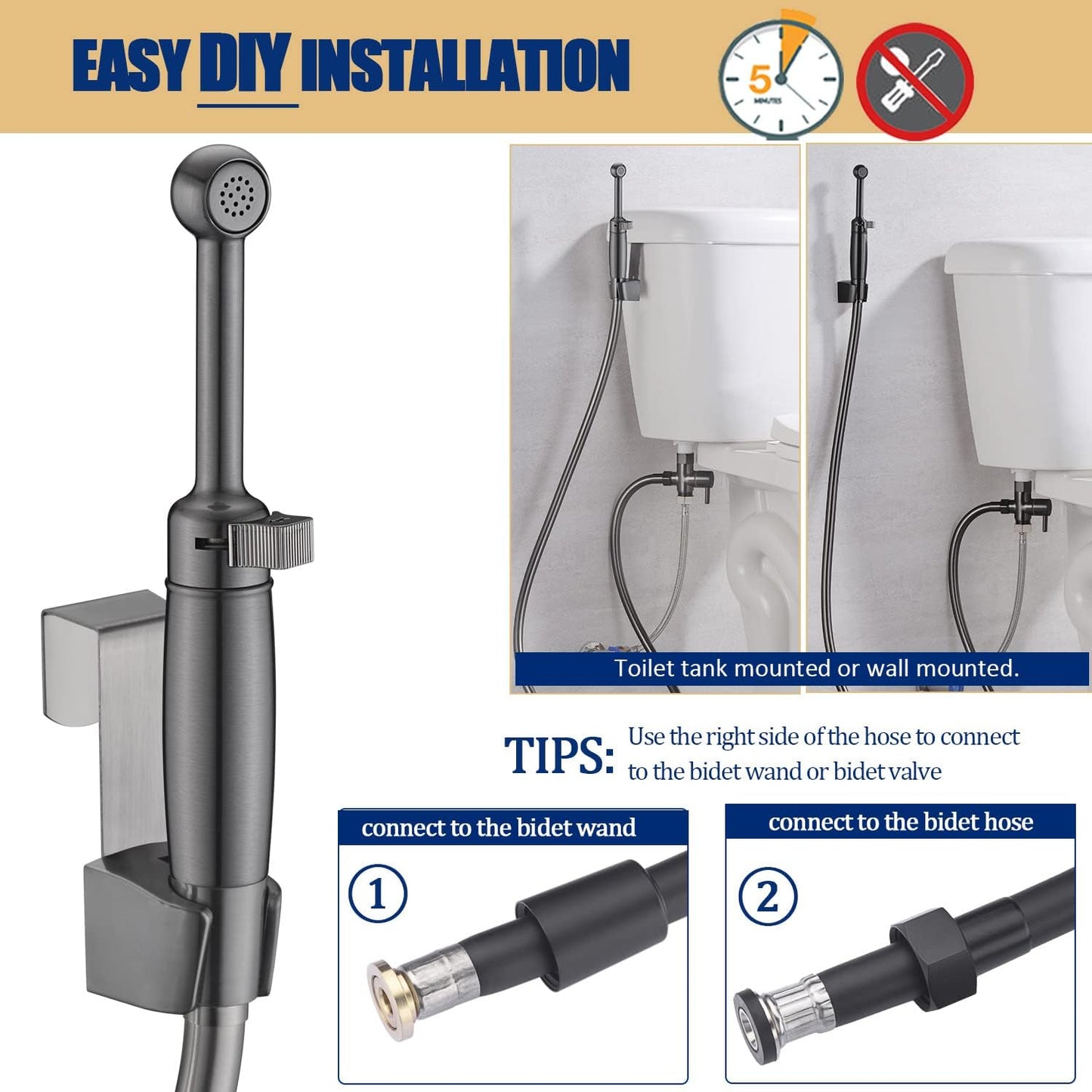 SonTiy Handheld Bidet Sprayer for Toilet, All Metal Cloth Diaper Toilet Sprayer Bidet Attachment with Backflow Preventer, Adjustable Water Jet Spray, 7.2" Brass Hand Held Bidet Wand, Chrome