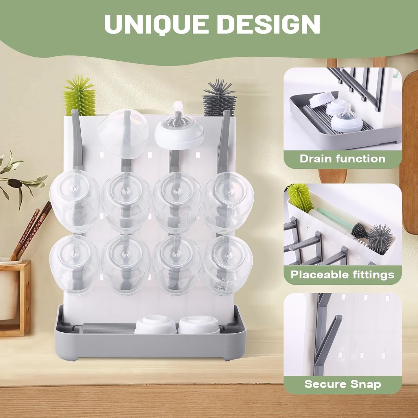 Hranio Baby Bottle Drying Rack Baby Bottle Organizer Drying Rack Space Saving Foldable Dish Can Dry Up to 12 Bottles Large Vertical for Infant Accessories & Pump Parts (Gray)