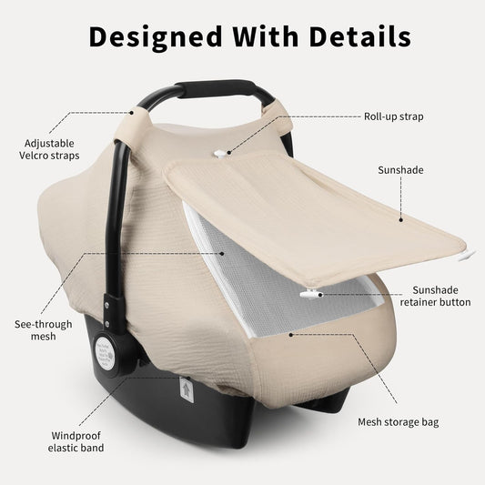 Rquite Car Seat Cover Baby, Carseat Covers Girl Boy, Breathable Muslin Cotton, Large Mesh Window, Infant Car Seat Canopy Baby Carrier Cover Stroller Sun Shade for Summer & Hot Day