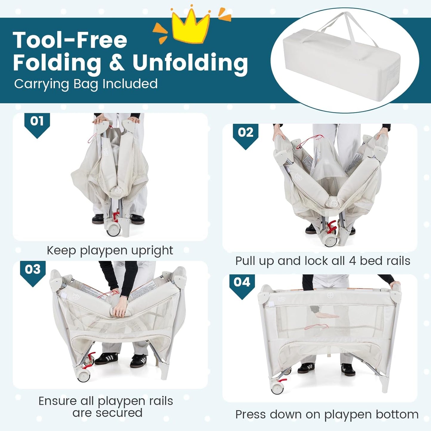 BABY JOY 5-in-1 Pack and Play with Canopy, 4 Level Heights Baby Bedside Sleeper w/Bassinet, U-Shaped Changing Table, Safety Strap, Side Zipper, Portable Bedside Crib Playard from Newborn to Toddlers