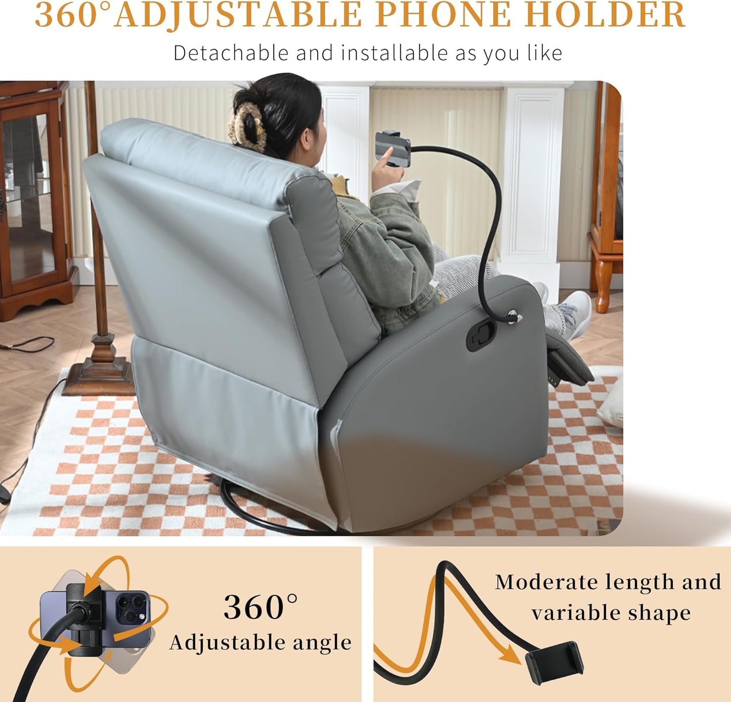 Power Swivel Rocker Recliner Chair for Nursery, Upholstered Glider Rocking Chair with Phone Holder,USB Ports, Small Recliners for Small Spaces Living Room, Bedroom