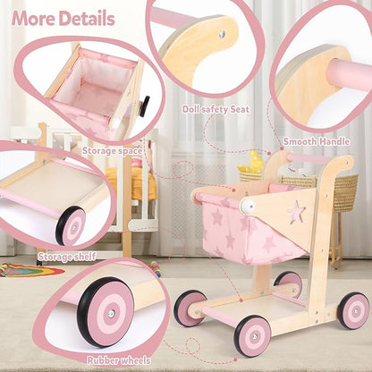 Asweets 2 in 1 Wooden Baby Walker Push and Pull Doll Stroller, Shopping Cart Learning Walker for Boys and Girls, Sit Stand Learning Toddler Toy (Pink)