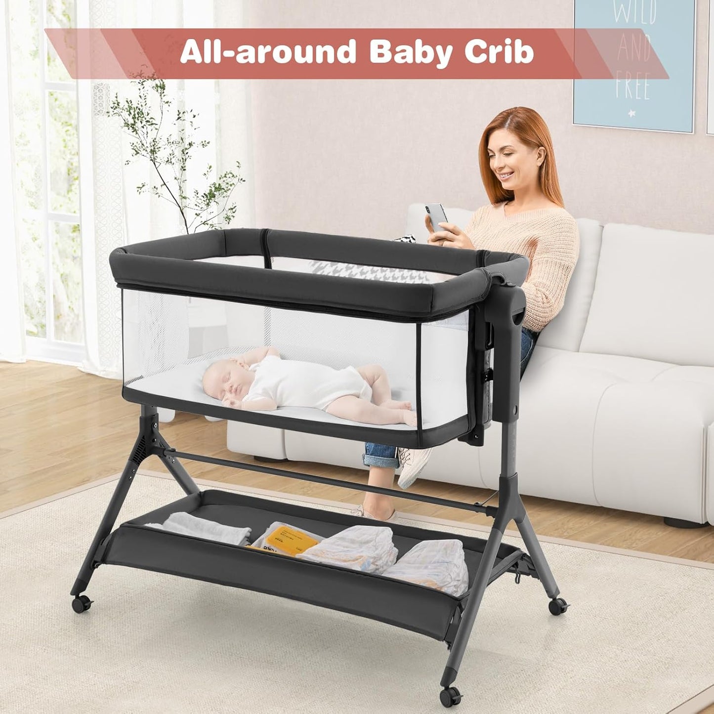 BABY JOY Bassinet Bedside Sleeper, Easy Folding Baby Crib w/All-Side Mesh, Storage Shelf, 7 Adjustable Heights, Mattress & Travel Bag for Safe Co-Sleeping, Portable Baby Bed for Newborn Infant -Gray
