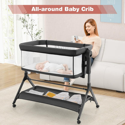 BABY JOY Bassinet Bedside Sleeper, Easy Folding Baby Crib w/All-Side Mesh, Storage Shelf, 7 Adjustable Heights, Mattress & Travel Bag for Safe Co-Sleeping, Portable Baby Bed for Newborn Infant -Gray