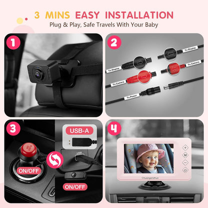 Baby Car Camera USB with No.1 Clarity, 5'' HD 1080P IPS Baby Car Monitor with 3X Zoom, Backseat/Carseat/Rear Seat Camera with Ultra Night Vision, Easy No-Damage Install, S100P(5inch Black)