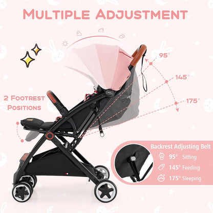 HOMGX Lightweight Baby Stroller, Compact Travel Stroller w/Ergonomic Seat, Spacious Basket, Adjustable Backrest, Oversized Canopy, Infant & Toddler Umbrella Stroller for Airplane, Travel (Black)