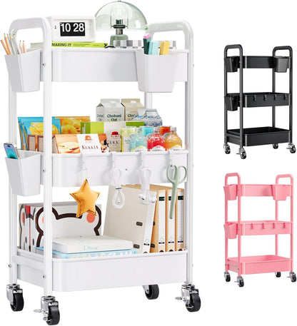 Beige 3 Tier Rolling Cart Metal on Wheels, Three Tiered Storage Organizer Utility Trolley with Wheels for Art, Craft, Baby Diaper Caddy, Snack, Book, Nail, Lash, Cleaning Supplies, Kitchen, Bathroom