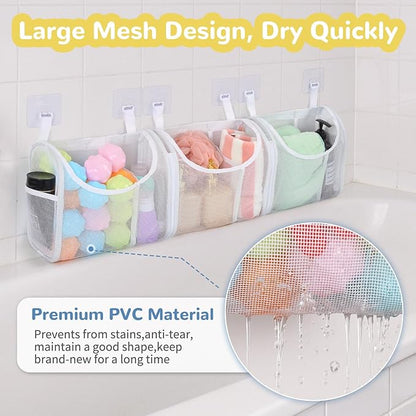 Bath Toy Storage, Detachable 6 Compartments Bath Toy Holder, Large Capacity Bathtub Toy Storage with Built-in Compartments Side Pockets, Mesh Shower Caddy for Sorting Baby Bathroom Toys - White