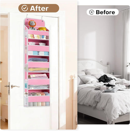 SpaceWhisper Over the Door Organizer, 4 Large Pocket Hanging Storage Organizer with 40lb Capacity, Space Saving for Nursery, Bathroom, Bedroom, Closet - Baby Essentials & Toiletry Organizer (Pink)