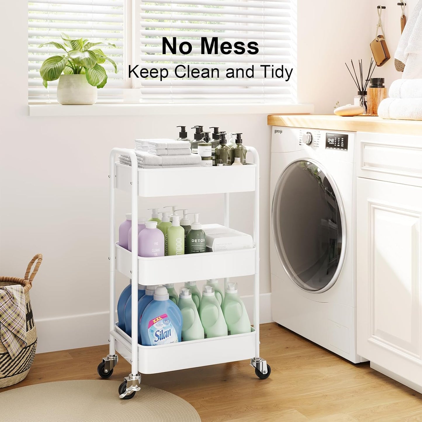 3 Tier Rolling Cart Metal with Lockable Wheels, Pink Three Tiered Diaper Caddy Cart Organizer on Wheels, Storage Utility Trolley Carts for Craft, Art, Nail, Lash, Baby Supplies, Cleaning, Mesh
