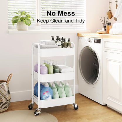 3 Tier Rolling Cart Metal with Lockable Wheels, Pink Three Tiered Diaper Caddy Cart Organizer on Wheels, Storage Utility Trolley Carts for Craft, Art, Nail, Lash, Baby Supplies, Cleaning, Mesh