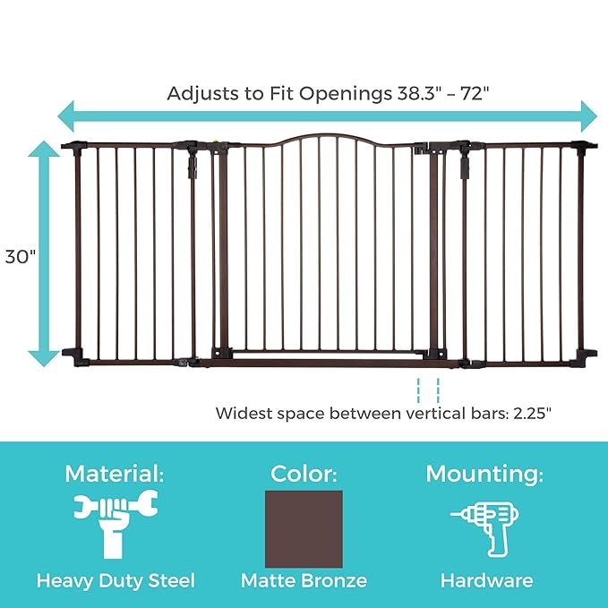 Toddleroo by North States - Deluxe Décor Safety Gate: Hardware Mounted Extra Wide Metal Baby Gate - Adjustable Child Gate - 38.3 to 72 Inches Wide - 30 Inches Tall - Matte Bronze