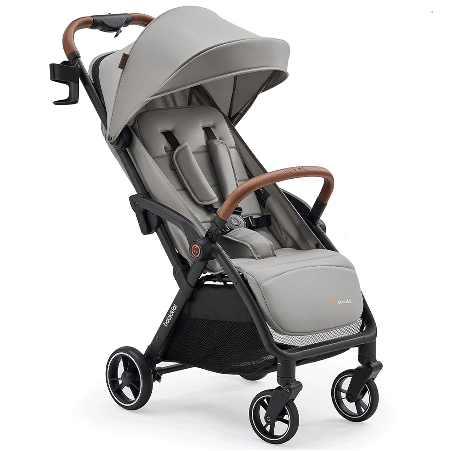 Babideal Lightweight Travel Stroller for Baby, Self-Folding Toddler Stroller with Large Canopy, Full-Reclining Seat, Cup Holder Included - Newborn to 50lbs. (Grey)