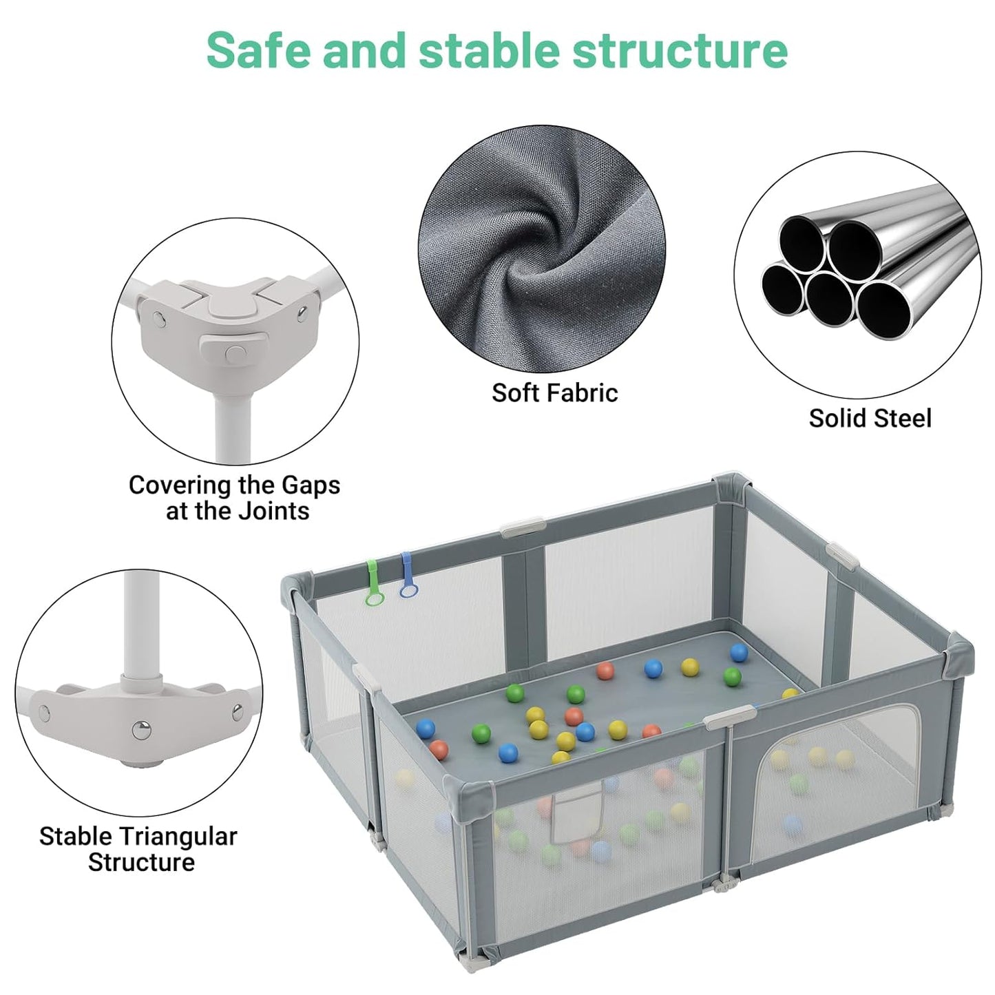 Foldable Playpen for Babies and Toddlers, 51" Portable Play Pen with Mat and Ocean Balls, Play Yard with with Visible Mesh for Inddor and Outdoor, No Assembly Required, Dark Gray