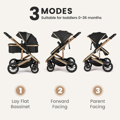 INFANS 2 in 1 Baby Stroller, Folding Newborn Pram Convertible Stroller Bassinet for Infant Foldable High Landscape Shock Absorption with Reversible Seat Aluminum Structure for Pushchair