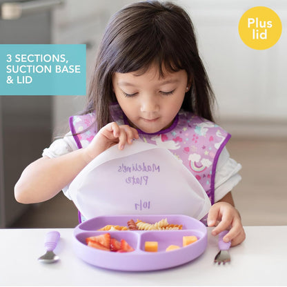 Bumkins Toddler and Baby Suction Plate, Divided Grip Dish for Babies and Kids, Baby Led Weaning, Feeding Supplies, Sticks to Tables and Highchairs, Platinum Silicone, for Chidren 6 Months, Gray